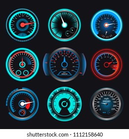 Set of speedometers for dashboard. Realistic panel for transport automobile illustration