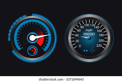 Set of speedometers for dashboard. Realistic vector speedometer interface. Dashboard panel for transport automobile illustration