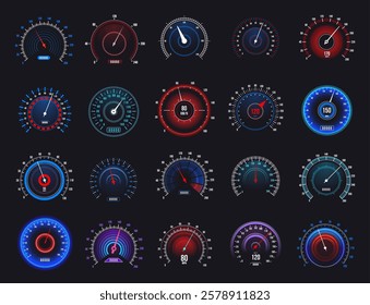 Set of speedometers and tachometers with different colors and values, measuring speed, distance, and engine rotations per minute on a vehicle s dashboard