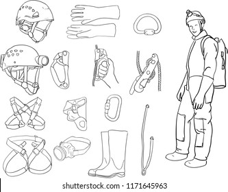 
A set of speleologists of tourist equipment. Vector illustration. Caver