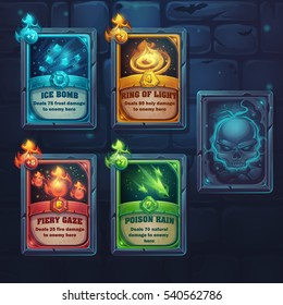 Set spell cards of fiery gaze, poison rain, ice bomb, ring of light. For web, video games, user interface, design