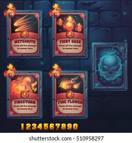 Set spell cards of meteorite, fiery gaze, firestorm, fire flowes. For web, video games, user interface, design