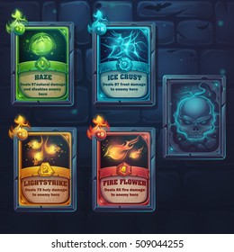 Set spell cards of nature, ice, fire, light. For web, video games, user interface, design