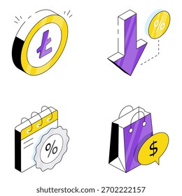Isometrische Symbole für Ausgaben und E-Commerce