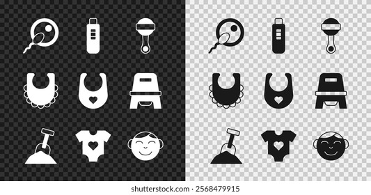 Set Sperm, Pregnancy test, Rattle baby toy, Sandbox with sand and shovel, Baby clothes, Little boy head, bib and  icon. Vector