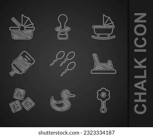 Set Sperm, Rubber duck, Rattle baby toy, Baby potty, ABC blocks, bottle, stroller and  icon. Vector