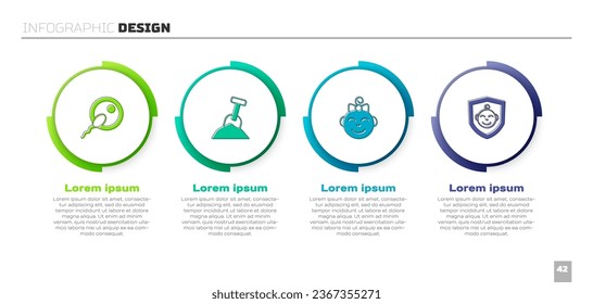 Set Sperm, Sandbox with sand and shovel, Little girl head and Baby on shield. Business infographic template. Vector