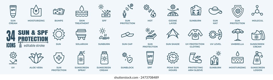 Set of SPF ans Sun protection Vector Line Icons. Contains such Icons as Sun screen cream, UV, Sunburn, Sun protection and more.