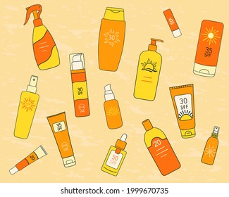 Set of SPF bottles, tubes on sand background. Sunscreen protection and sun safety. Sunscreen cream, lotion isolated collection. Hand drawn line vector illustration. 