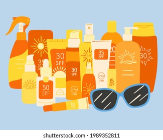 Set of SPF bottles, tubes stand together with sunglasses. Sunscreen protection and sun safety. Sunscreen cream, lotion, spray collection. Hand drawn organic vector illustration. 