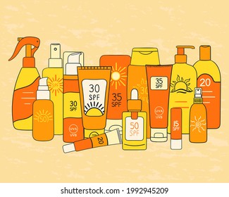 Set of SPF bottles, tubes stand together on sand background. Sunscreen protection and sun safety. Sunscreen cream, lotion, spray collection. Hand drawn line vector illustration. 