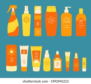 Set of SPF bottles, tubes. Sunscreen protection and sun safety. Sunscreen cream, lotion isolated collection. Protection against UVA, UVB rays. Hand drawn organic vector illustration. 