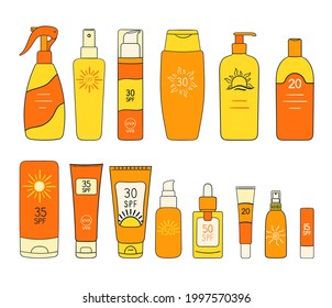 Set of SPF bottles, tubes. Sunscreen protection and sun safety. Sunscreen cream, lotion isolated collection. Protection against UVA, UVB rays. Hand drawn line vector illustration. 