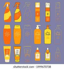 Set of SPF bottles, tubes. Sunscreen protection and sun safety. Sunscreen cream, lotion isolated collection. Protection against UVA, UVB rays. Hand drawn organic vector illustration. 