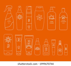 Set of SPF bottles, tubes. Sunscreen protection and sun safety. Sunscreen cream, lotion isolated collection. Protection against UVA, UVB rays. Hand drawn line vector illustration. 