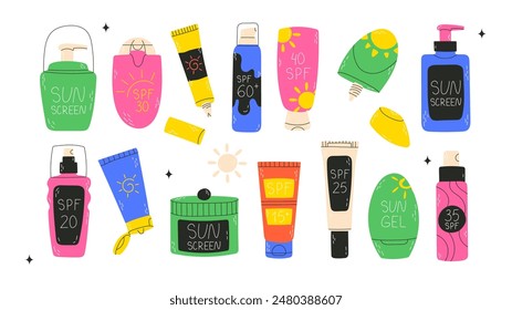 Satz von SPF-Flaschen-Röhrchen. Sonnenschutz und Sonnensicherheit. Sonnencreme, Lotion, Kollektion sprühen. Handgezeichnete Illustration. Sonnenschutz, Hautschutz, Hautpflegeprodukte. Vektorgrafik