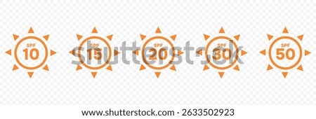 Set of SPF icons. Sun protector signs for cream and skin lotions. Vector illustration