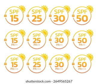Conjunto de ícones de vetor de proteção solar SPF e PA. Rótulos de protetor solar com os símbolos SPF15, SPF25, SPF30, SPF50, PA++, PA++. Proteção da pele e design de defesa UV.