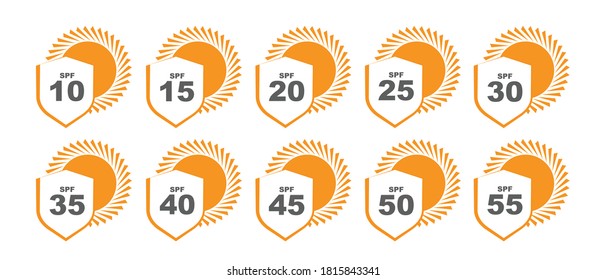 Set of SPF protection icons with suns. UV block symbols, sunblock signs, silhouettes. Sunscreen skincare graphic element, cosmetics packaging labels with SPF from 10 to 55 pictograms