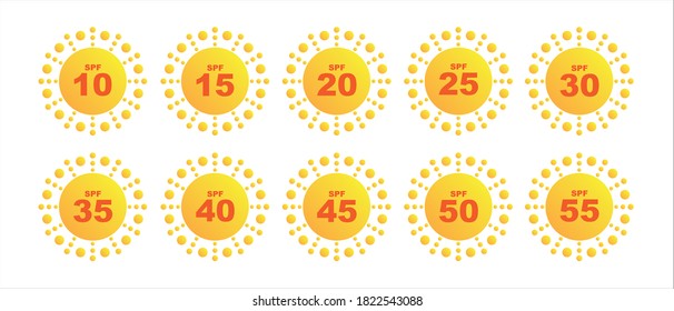 Set of SPF protection icons with suns. UV block symbols, sunblock signs, silhouettes. Sunscreen skincare graphic element, cosmetics packaging labels with SPF from 10 to 55 pictograms