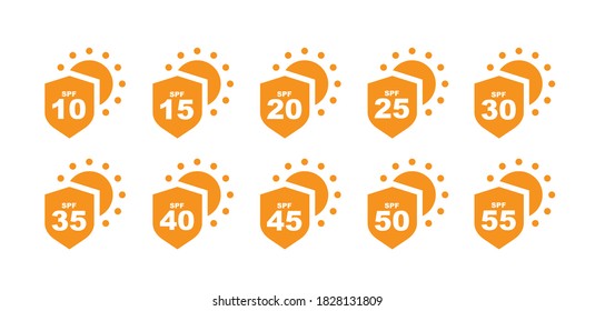 Set of SPF protection icons with suns. UV block symbols, sunblock signs, silhouettes. Sunscreen skincare graphic element, cosmetics packaging labels with SPF from 10 to 55 pictograms