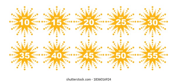 Set of SPF protection icons with suns. UV block symbols, sunblock signs, silhouettes. Sunscreen skincare graphic element, cosmetics packaging labels with SPF from 10 to 55 pictograms