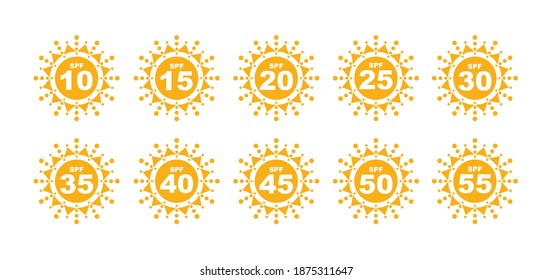 Set of SPF protection icons with suns. UV block symbols, sunblock signs, silhouettes. Sunscreen skincare graphic element, cosmetics packaging labels with SPF from 10 to 55 pictograms