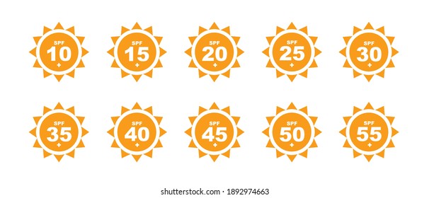 Set of SPF protection icons with suns. UV block symbols, sunblock signs, silhouettes. Sunscreen skincare graphic element, cosmetics packaging labels with SPF from 10 to 55 pictograms