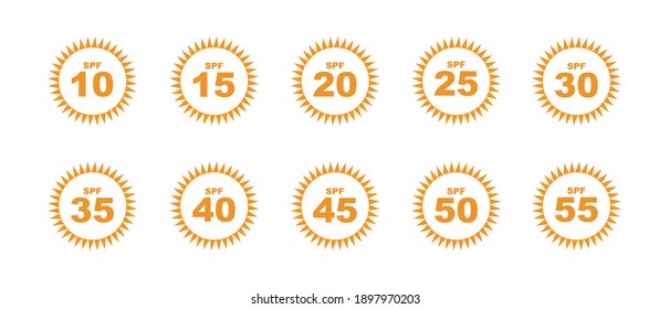 Set of SPF protection icons with suns. UV block symbols, sunblock signs, silhouettes. Sunscreen skincare graphic element, cosmetics packaging labels with SPF from 10 to 55 pictograms
