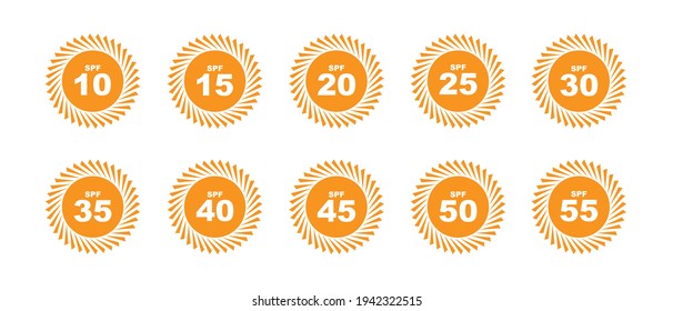 Set of SPF protection icons with suns. UV block symbols, sunblock signs, silhouettes. Sunscreen skincare graphic element, cosmetics packaging labels with SPF from 10 to 55 pictograms