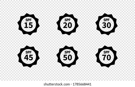 Set of SPF sun protection icons, labels or stickers. Icons for sunscreen or tan products and skin cosmetics. Vector on isolated white background. EPS 10