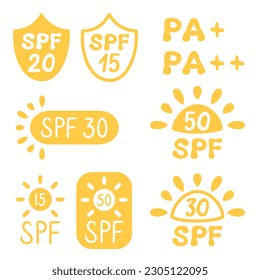 Set of SPF sun protection icons for sunscreen packaging in cute cartoon flat style. PA icons for sunscreen products.