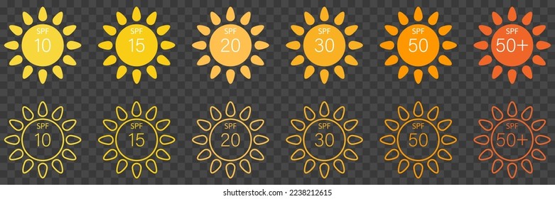 Set of SPF sun protection labels or stickers. Vector illustration isolated on transparent background