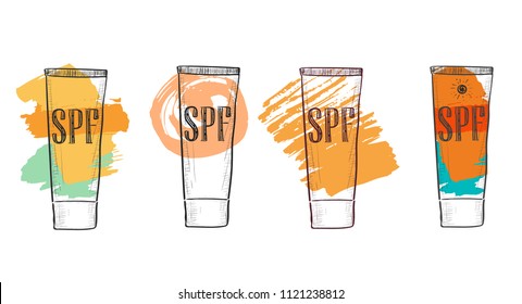 Set with SPF sunscreen cosmetics cream, sketch in doodle style. Sun protection factor for summer face and body care, icons with bright grunge watercolor stains. Fashion and beauty concept