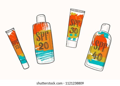 Set with SPF sunscreen cosmetics, sketch in doodle style. Sun protection factor for summer face and body care, icons with bright grunge watercolor stains. Fashion and beauty concept