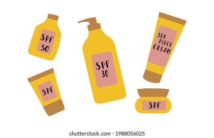 Set with SPF sunscreen cosmetics. Sun protection factor for summer face and body care, icon. Fashion and beauty concept