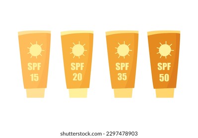 Set of SPF sunscreen creams with different coverage protection. Cartoon orange illustrations.