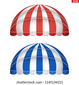 Set Of Sphere Fabric Awnings. Solar Shade Screens And Retractable Awnings. Red And Blue Strip Color. Vector Illustration Isolated On Background.