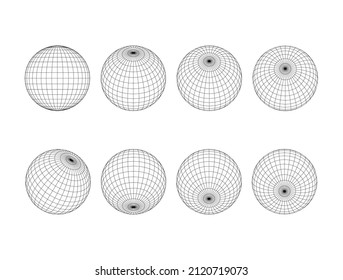 Set sphere grid. Globe grid with ongitude, latitude and equator for cartography. 3d mesh planet earth. Group of geometric round shapes. Vector line illustration.