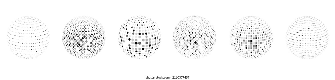 Set of sphere icons made of geometric shapes. Texture of circles, squares, rhombuses, stars. Rings of rows, lines. Symbols technology, business, medicine, websites, presentations. Vector illustration