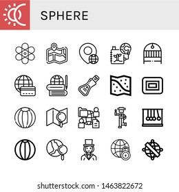 Set of sphere icons such as Eclipse, Atom, Map, Globe, Save the planet, Cradle, Global, Soap, Space map, Beach ball, Country, Newtons cradle, World, Magician, Armillary sphere , sphere