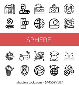Set of sphere icons such as Panorama, Geography, Basketball, Map, Global, Crystal ball, Mirror ball, World, Soap, Emblem, Uranus, Beach ball, Venus, Disco Planets , sphere