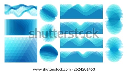 Set of spheres. Abstract ocean seascape. Sea surface with waves. Geometric design of different overlapping elements. Vector for brochure, poster, presentation, flyer or banner.