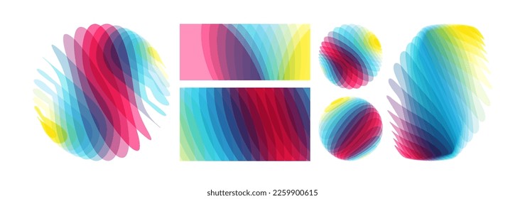 Set of spheres. Abstract wavy background with dynamic effect. Modern screen design for mobile app and web. Vector illustration made of various overlapping elements. 