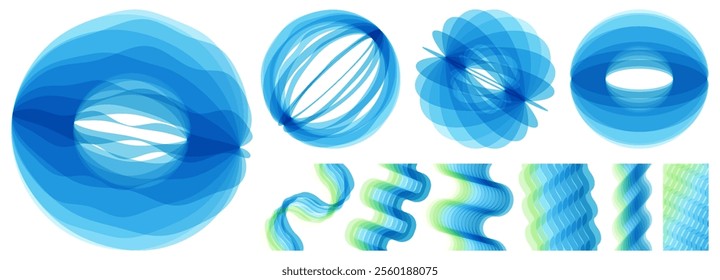 Set of spheres. Abstract wavy background made of many overlapping stripes and with dynamic effect. 3D vector illustration for brochure, banner, flyer or presentation.