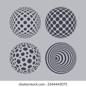 Um conjunto de esferas que consiste em pontos ou linhas. Elemento abstrato para o projeto. Arte óptica em preto e branco. Ilustração vetorial em 3D para banner, cartaz, capa ou folheto.