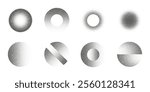 Set of spheres in different variations sand grain effect. Abstract dotwork. Noise gradient. Stipple circles. Dotted spray effect. Dust texture. Halftone vector elements isolated on white background