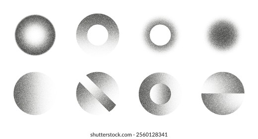 Set of spheres in different variations sand grain effect. Abstract dotwork. Noise gradient. Stipple circles. Dotted spray effect. Dust texture. Halftone vector elements isolated on white background