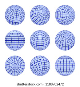 Set Spheres Globe Earth Grid From Different Sides. Horizontal And Vertical Lines, Latitude And Longitude In Blue Colors