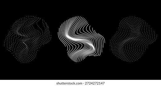 Conjunto de esferas hechas de partículas y líneas onduladas, Formas geométricas fluidas. Tecnología y ciencia ilustración abstracta.